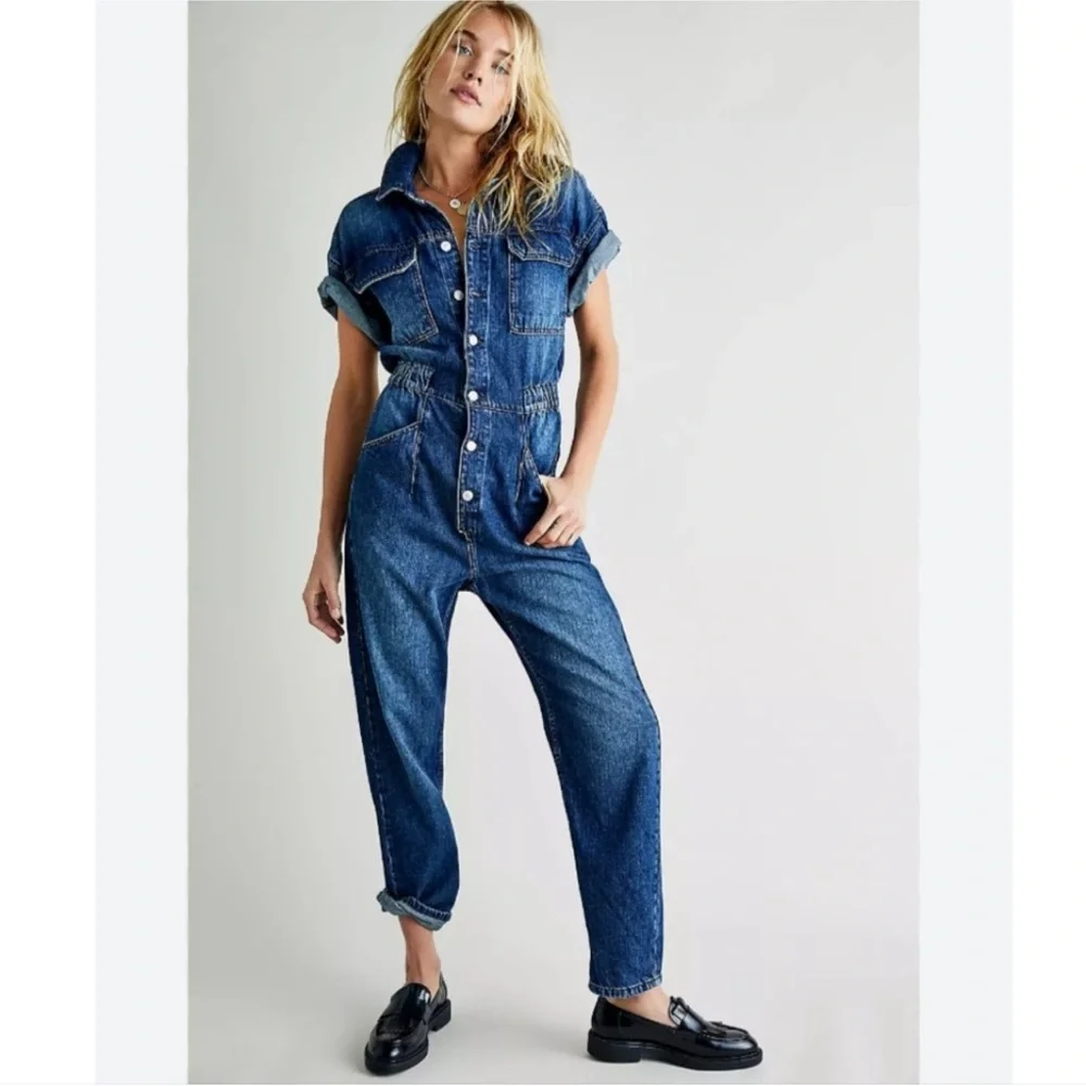 Free People We The Free Marci Denim Jumpsuit in High Noon Size Small - Picture 8 of 15